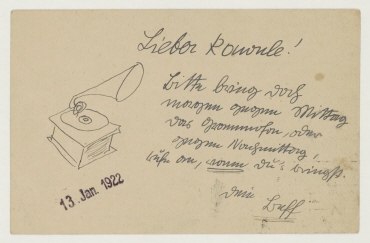 Postkarte mit Zeichnung [Grammophon] von George Grosz an Raoul Hausmann. Berlin