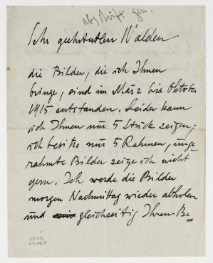 Abschrift des Briefes von Raoul Hausmann an Herwarth Walden, Berlin