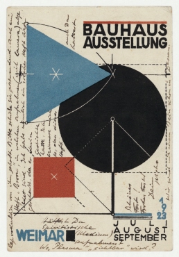 Postkarte von Laszlo Moholy-Nagy an Hannah Höch mit Abbildung: "BAUHAUS AUSSTELLUNG / WEIMAR / JULI / AUGUST / SEPTEMBER / 1923". Weimar