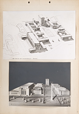 Zeichnung (Repro) und Ansicht Modell Oberkommando des Heeres (OKH)/ Reichsmarschallamt mit Soldatenhalle am Runden Platz. Nord-Süd-Achse