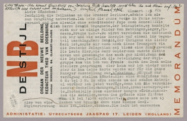 Brief von Theo van Doesburg an Hannah Höch. Clamart