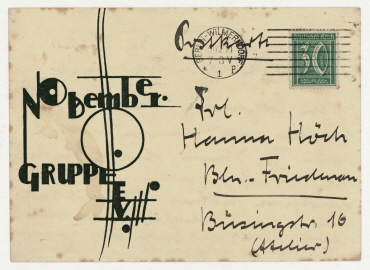 Postkarte von Hans Siebert von Heister an Hannah Höch mit Signet Novembergruppe E. V. Berlin