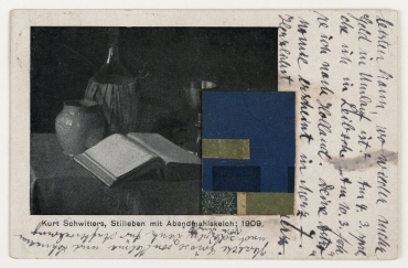 Merz-Postkarte von Kurt Schwitters an Hannah Höch mit Abbildung: "Kurt Schwitters, Stilleben mit Abendmahlskelch; 1909" collagiert. Hannover