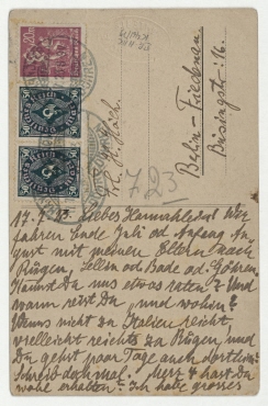 Postkarte von Kurt Schwitters an Hannah Höch mit Abbildung: "Kurt Schwitters, Stilleben mit Abendmahlskelch; 1909." Hannover