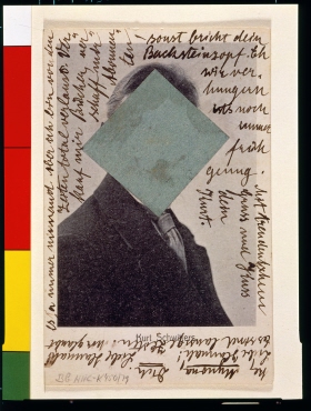 Merz-Postkarte von Kurt Schwitters an Hannah Höch mit Abbildung: "Kurt Schwitters."; collagiert mit grünem Quadrat. [Hannover]