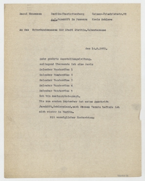 Brief von Raoul Hausmann an Museum der Stadt Stettin, Naturkundemuseum / Horst Wachs. Berlin