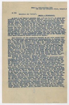 Brief von Leonhard Stark an die Redaktion Die Aktion und Raoul Hausmann. München Pfingstmontag 1924