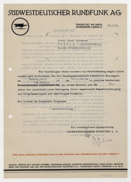 Brief von Südwestdeutscher Rundfunk AG / Ernst Schoen an Raoul Hausmann. Frankfurt a.M