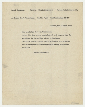 Brief von Raoul Hausmann an Fritz Warschauer. Berlin