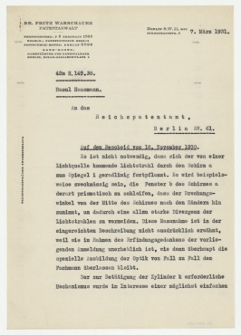 	Brief von Fritz Warschau und Raoul Hausmann an das Reichspatentamt Berlin. Berlin