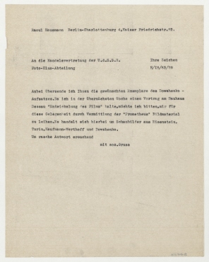 Brief von Raoul Hausmann an die Handelsvertretung der UdSSR in Deutschland / Foto-Kino-Abteilung. Berlin