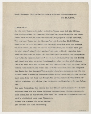 Brief von Raoul Hausmann an Werner Graeff. Berlin