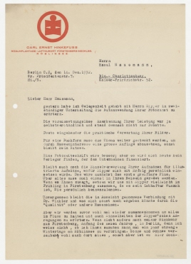 Brief von Carl Ernst Hinkefuß / Qualität Ware und Werbung an Raoul Hausmann. Berlin