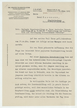 Brief von Fritz Warschauer an Raoul Hausmann. Berlin