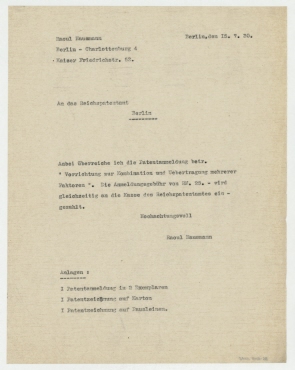 Brief von Raoul Hausmann an Reichspatentamt Berlin. Berlin