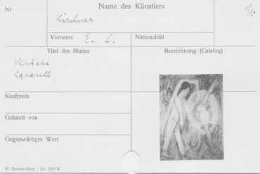 Karteikarte Kunstbestand Galerie Ferdinand Möller ("Varieté, Aquarell" von Ernst Ludwig Kirchner)