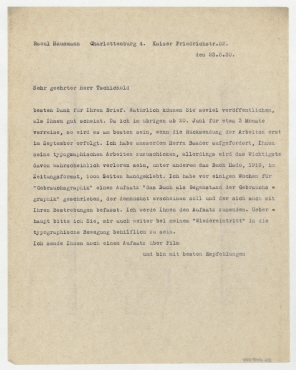 Brief von Raoul Hausmann an Jan Tschichold. Berlin