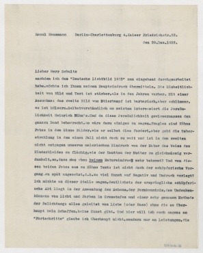 Brief von Raoul Hausmann an Bruno Schultz / Verlag Robert & Bruno Schultz, Das Deutsche Lichtbild. Berlin