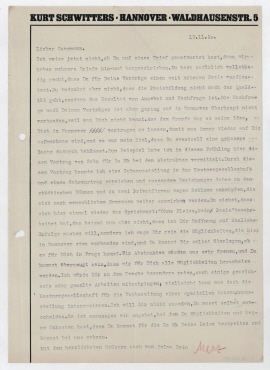 Brief von Kurt Schwitters an Raoul Hausmann. Hannover
