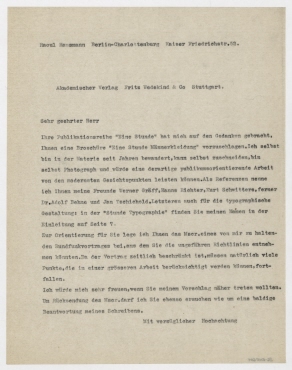 Brief von Raoul Hausmann an Akademischer Verlag Dr. Fritz Wedekind & Co. Berlin