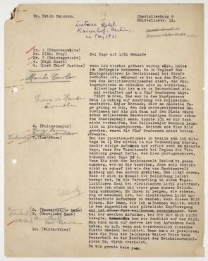 Maschinenschriftliches Typoskript von Erich Salomon zum Lichtbildervortrag im Hotel Kaiserhof in Berlin am 6. Mai 1931