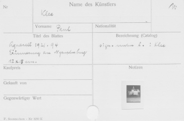 Karteikarte Kunstbestand Galerie Ferdinand Möller ("Erinnerungen an Nymphenburg, Aquarell" von Paul Klee)