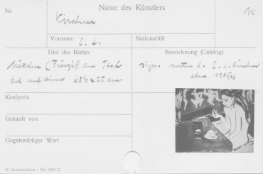 Karteikarte Kunstbestand Galerie Ferdinand Möller ("Mädchen (Fränzi?) am Tisch" von Ernst Ludwig Kirchner)