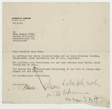 Brief von František Kalivoda i. A. Sekretariat an Hannah Höch. Brünn