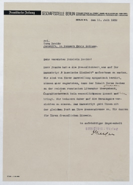 Brief von Societäts-Verlag an Vera Broido. Berlin