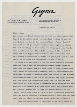 Brief von Raoul Hausmann an Franz Jung. Jershöft