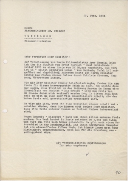 Brief der Galerie Ferdinand Möller an den hessichen Finanzminister Dr. Heinrich Troeger. Wiesbaden