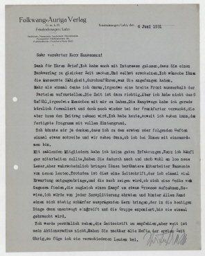 Brief von Ernst Fuhrmann an Raoul Hausmann. Friedrichssegen/Lahn