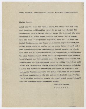 Brief von Raoul Hausmann an Walther Heisig. Berlin