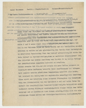 Brief von Raoul Hausmann an Fritz Warschauer. Berlin