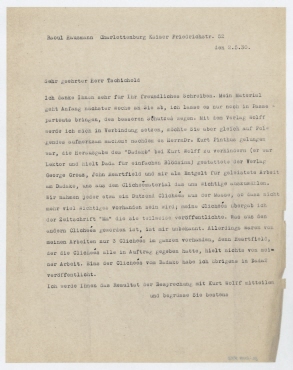 Brief von Raoul Hausmann an Jan Tschichold. Berlin