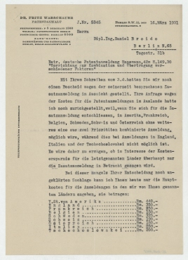Brief von Fritz Warschauer an Daniel Broido. Berlin