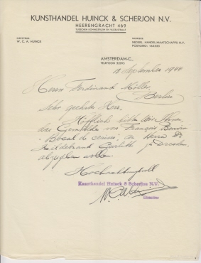 Brief der Firma Kunsthandel Huinck & Scherjon an Ferdinand Möller. Amsterdam (Niederlande)