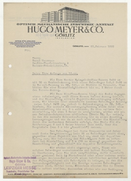 Brief von Optisch-Mechanische-Industrie-Anstalt Hugo Meyer & Co. an Raoul Hausmann. Görlitz