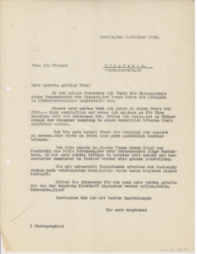 Brief der Galerie Ferdinand Möller an Ida Bienert. Berlin