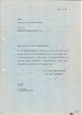 Brief der Galerie Ferdinand Möller an Rechtsanwalt Gustav Stein. Köln