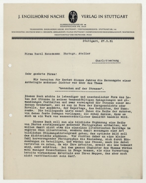 Brief von J. Engelhorns Nachf[olger] Verlag an Raoul Hausmann. Stuttgart