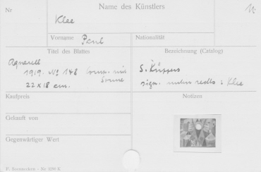 Karteikarte Kunstbestand Galerie Ferdinand Möller ("Composition mit Sonne, Aquarell" von Paul Klee)