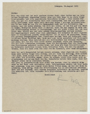 Brief von Raoul Hausmann an Elfriede Hausmann. Limoges