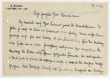 Brief von Herrn S. Gliewe an Raoul Hausmann. Freist-Stolp