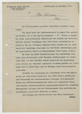 Brief von dem Museum der Stadt Stettin, Naturkundemuseum / Horst Wachs an Raoul Hausmann. Stettin