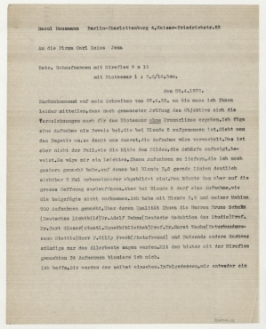 Brief von Raoul Hausmann an Carl Zeiss Jena. Berlin