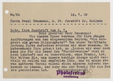 Postkarte von Photofreund, Halbmonatsschrift für Freunde der Photographie / Friedrich Willy Frerk (Schriftleitung) an Raoul Hausmann. [Berlin]