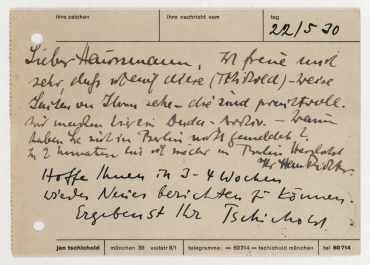 Postkarte von Hans Richter und Jan Tschichold an Raoul Hausmann. München