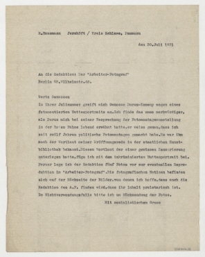 Brief von Raoul Hausmann an Der Arbeiter-Fotograf / Redaktion, Eugen Heilig. Jershöft