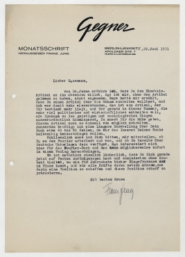Brief von Franz Jung an Raoul Hausmann. Berlin